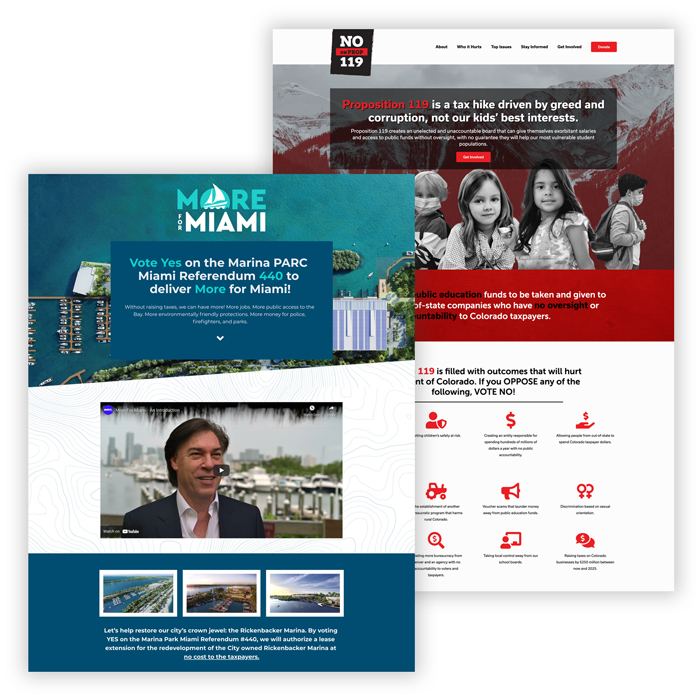 Graphic of Landing Page Designs for More for Miami and No On Prop 119