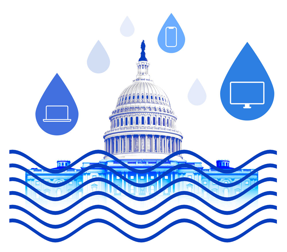 Graphic illustration of mobile devices in rain drops surrounding the nations capitol building with a wave illustration in front of it