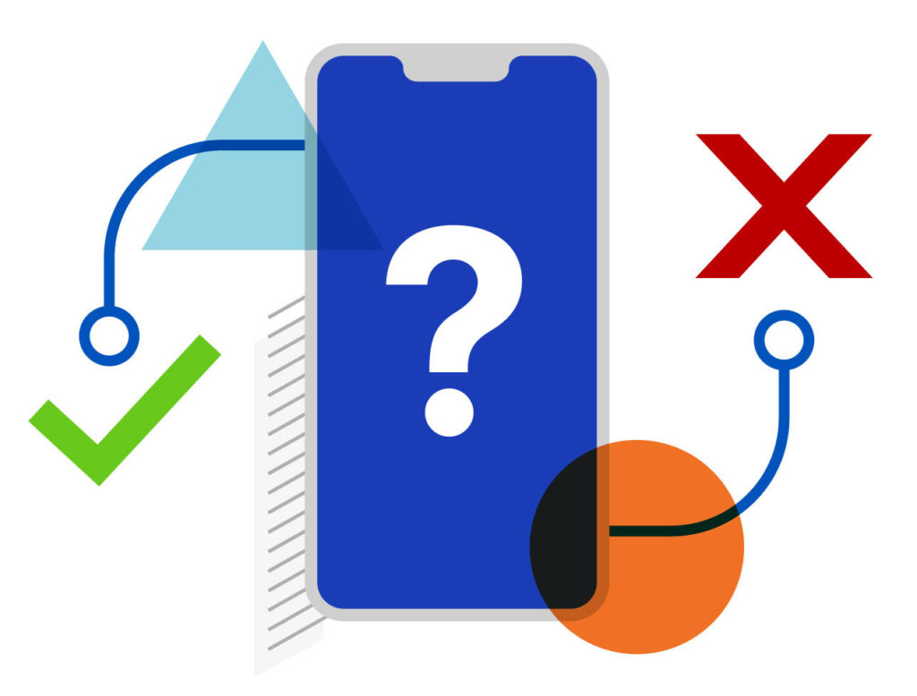 Graphic showing a phone with two choice of right and wrong moves for decision based marketing